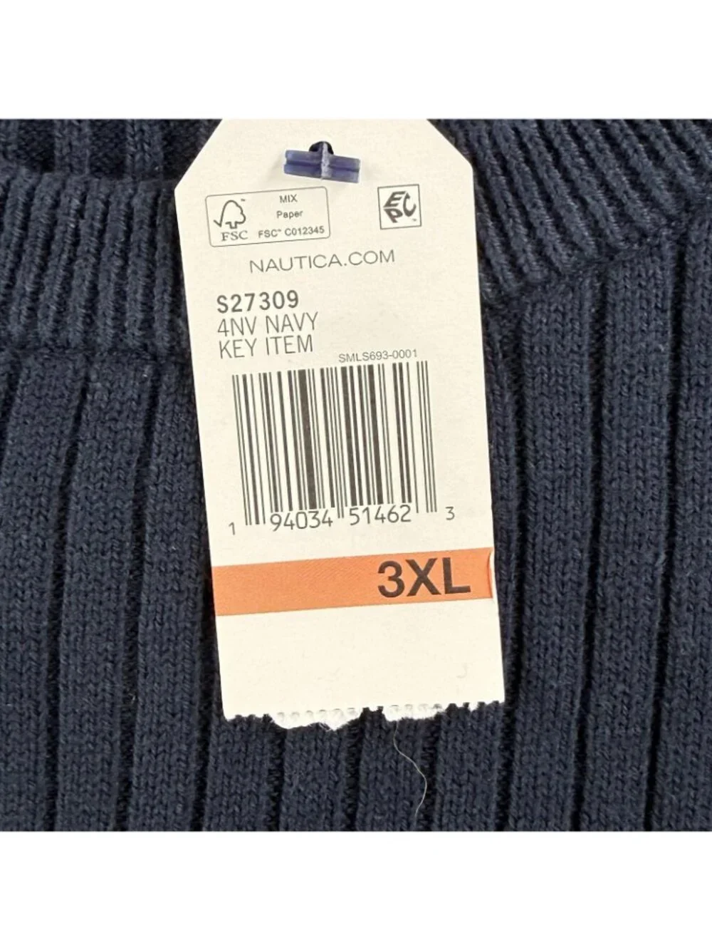 Nautica Sweater Mens 3XL Navy Gray Striped Crewneck Cotton Knit Ribbed Pullover